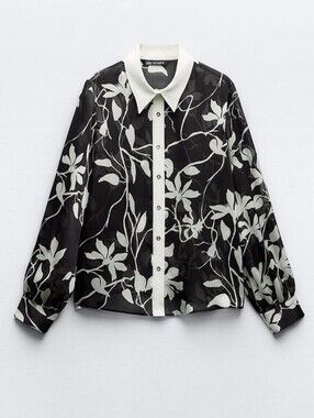 Zara Black and Cream Floral Button-Up Blouse